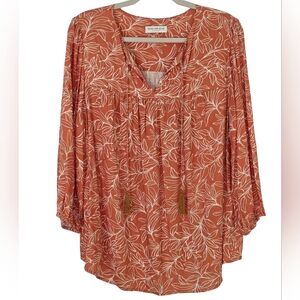 Skies Are Blue Peasant Blouse Botanical Print Split-Neck 3/4 Sleeve | Size 1X